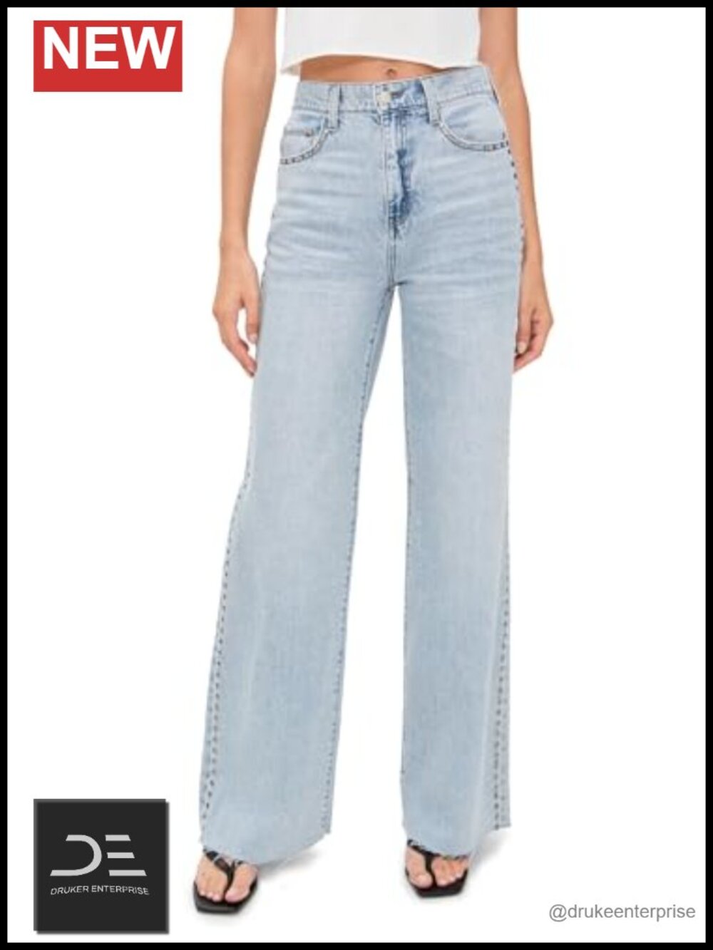 High Rise Wide Leg Non-Stretch Denim Jeans with Raw Hem